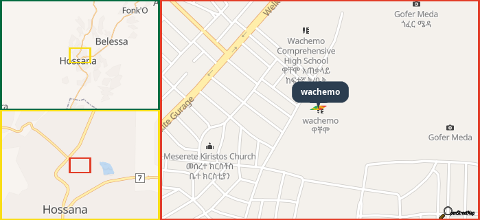 Map showing the address of wachemo in three different zoom levels.