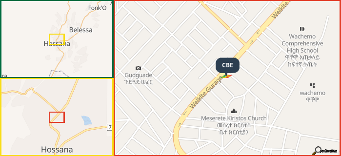 Map showing the address of CBE in three different zoom levels.