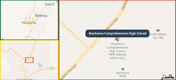 Map showing the address of Wachemo Comprehensive High School in three different zoom levels.