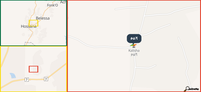 Map showing the address of ቃልሻ in three different zoom levels.