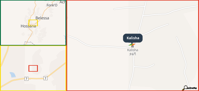 Map showing the address of Kalisha in three different zoom levels.