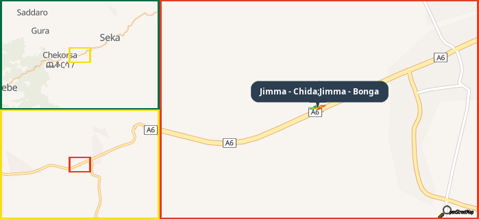 Map showing the address of Jimma - Chida;Jimma - Bonga in three different zoom levels.