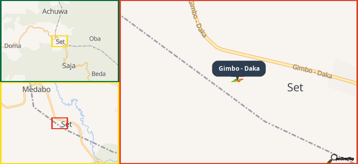 Map showing the address of Gimbo - Daka in three different zoom levels.