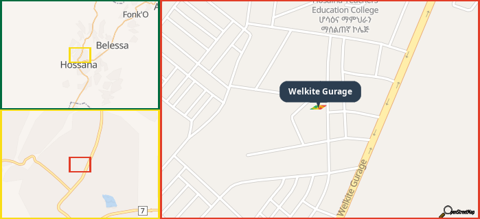 Map showing the address of Welkite Gurage in three different zoom levels.