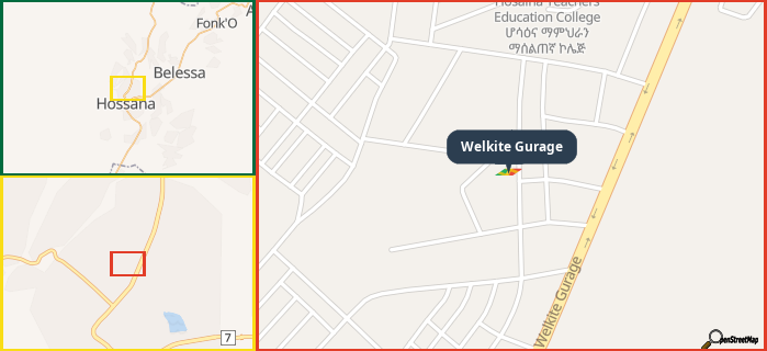 Map showing the address of Welkite Gurage in three different zoom levels.