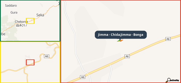 Map showing the address of Jimma - Chida;Jimma - Bonga in three different zoom levels.