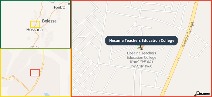 Map showing the address of Hosaina Teachers Education College in three different zoom levels.