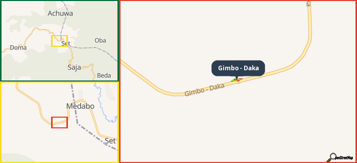 Map showing the address of Gimbo - Daka in three different zoom levels.