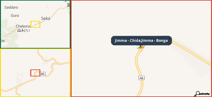 Map showing the address of Jimma - Chida;Jimma - Bonga in three different zoom levels.
