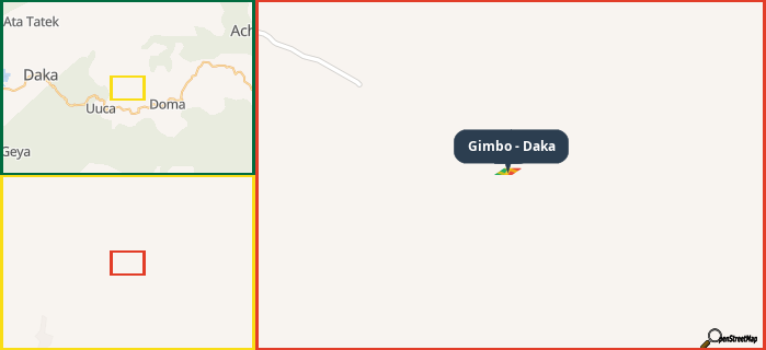 Map showing the address of Gimbo - Daka in three different zoom levels.