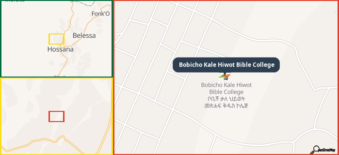 Map showing the address of Bobicho Kale Hiwot Bible College in three different zoom levels.