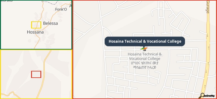 Map showing the address of Hosaina Technical & Vocational College in three different zoom levels.