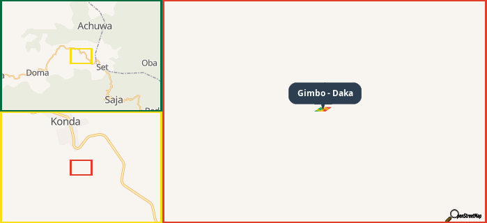 Map showing the address of Gimbo - Daka in three different zoom levels.