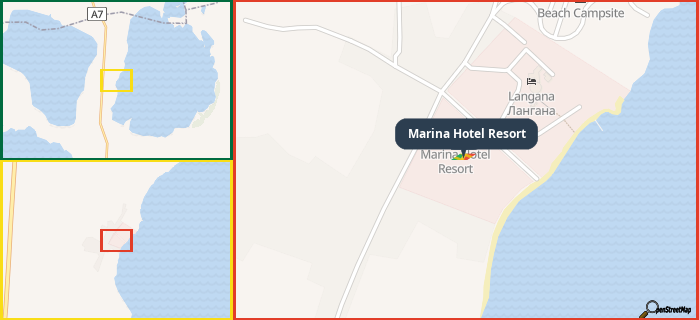 Map showing the address of Marina Hotel Resort in three different zoom levels.