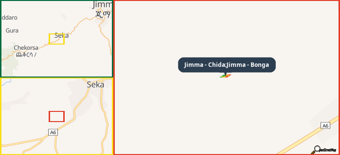 Map showing the address of Jimma - Chida;Jimma - Bonga in three different zoom levels.