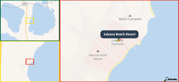 Map showing the address of Sabana Beach Resort in three different zoom levels.