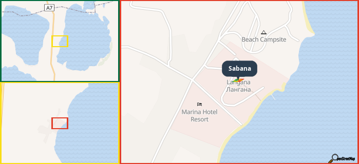 Map showing the address of Sabana in three different zoom levels.