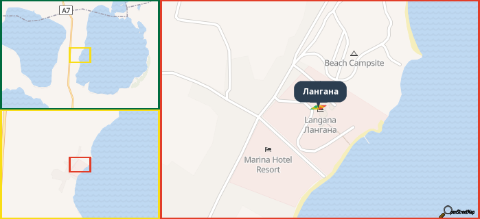 Map showing the address of Лангана in three different zoom levels.