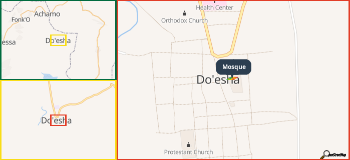 Map showing the address of Mosque in three different zoom levels.