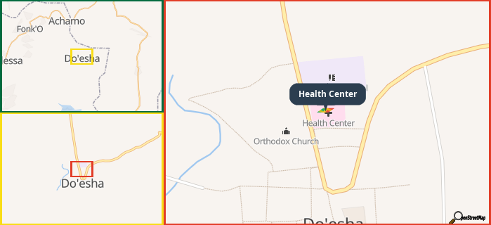 Map showing the address of Health Center in three different zoom levels.
