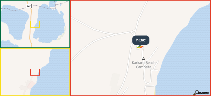 Map showing the address of ከርከሮ in three different zoom levels.