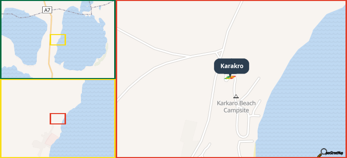 Map showing the address of Karakro in three different zoom levels.