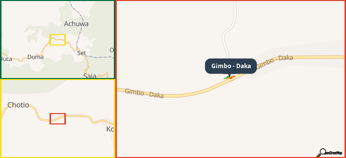 Map showing the address of Gimbo - Daka in three different zoom levels.