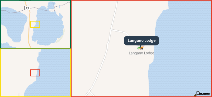 Map showing the address of Langano Lodge in three different zoom levels.
