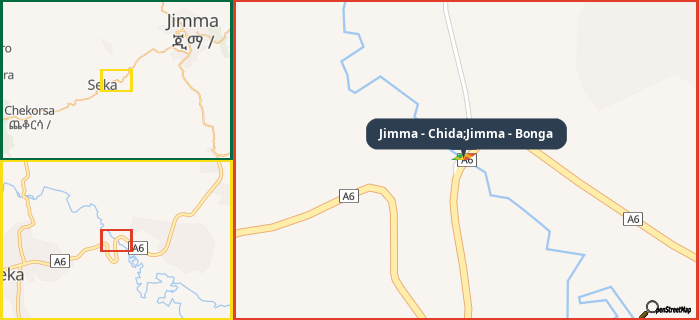 Map showing the address of Jimma - Chida;Jimma - Bonga in three different zoom levels.
