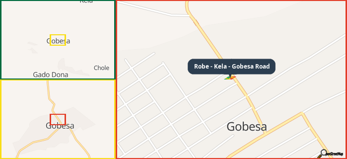 Map showing the address of Robe - Kela - Gobesa Road in three different zoom levels.