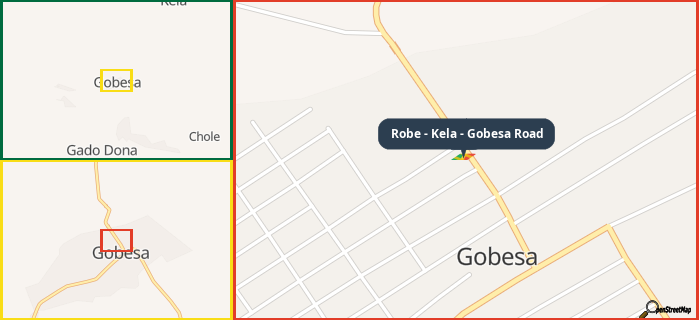 Map showing the address of Robe - Kela - Gobesa Road in three different zoom levels.