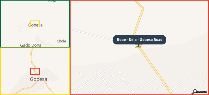 Map showing the address of Robe - Kela - Gobesa Road in three different zoom levels.