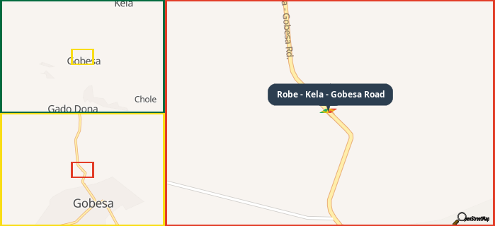 Map showing the address of Robe - Kela - Gobesa Road in three different zoom levels.