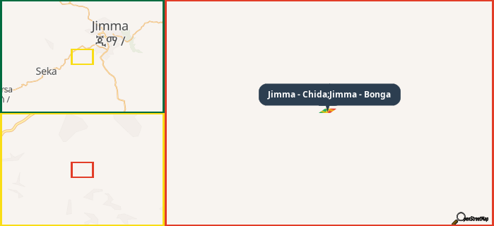 Map showing the address of Jimma - Chida;Jimma - Bonga in three different zoom levels.