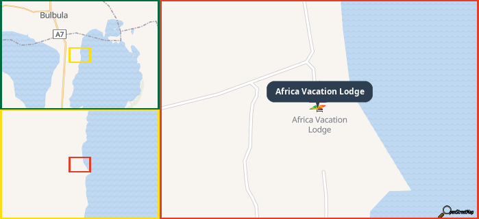 Map showing the address of Africa Vacation Lodge in three different zoom levels.