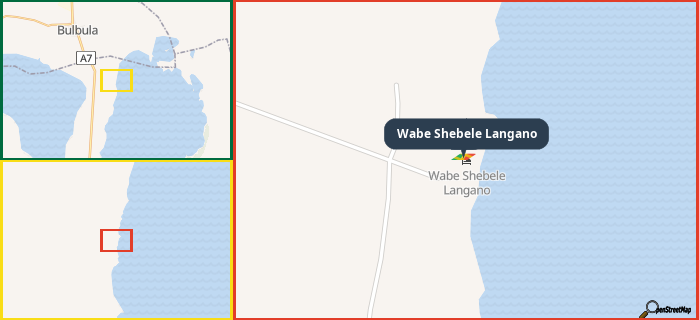 Map showing the address of Wabe Shebele Langano in three different zoom levels.