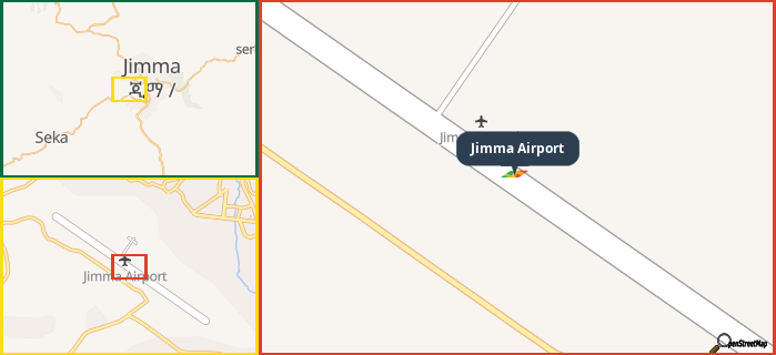 Map showing the address of Jimma Airport in three different zoom levels.