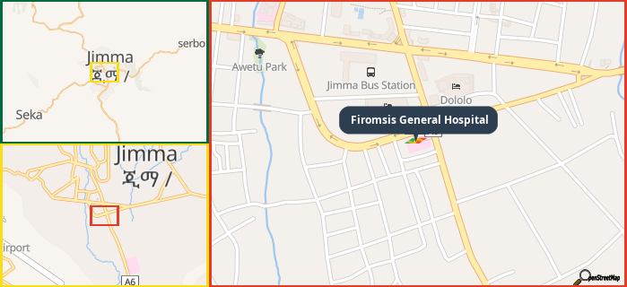 Map showing the address of Firomsis General Hospital in three different zoom levels.