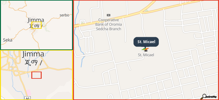 Map showing the address of St. Micael in three different zoom levels.
