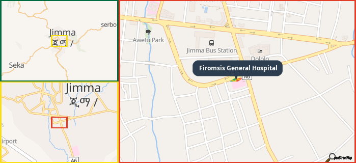 Map showing the address of Firomsis General Hospital in three different zoom levels.