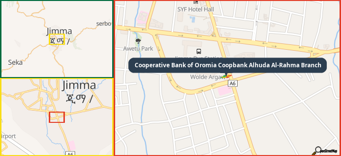 Map showing the address of Cooperative Bank of Oromia Coopbank Alhuda Al-Rahma Branch in three different zoom levels.