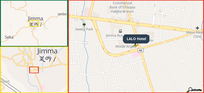 Map showing the address of LALO Hotel in three different zoom levels.