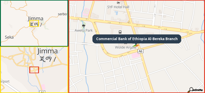 Map showing the address of Commercial Bank of Ethiopia Al-Bereka Branch in three different zoom levels.