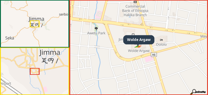 Map showing the address of Wolde Argaw in three different zoom levels.