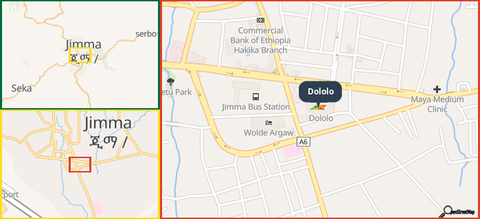 Map showing the address of Dololo in three different zoom levels.