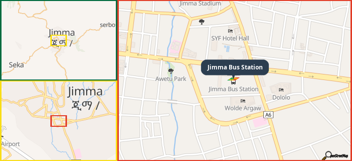 Map showing the address of Jimma Bus Station in three different zoom levels.