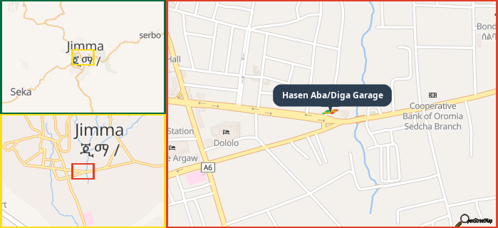 Map showing the address of Hasen Aba/Diga Garage in three different zoom levels.