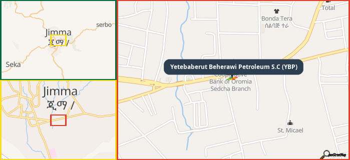 Map showing the address of Yetebaberut Beherawi Petroleum S.C (YBP) in three different zoom levels.