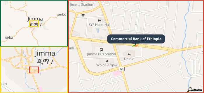 Map showing the address of Commercial Bank of Ethiopia in three different zoom levels.