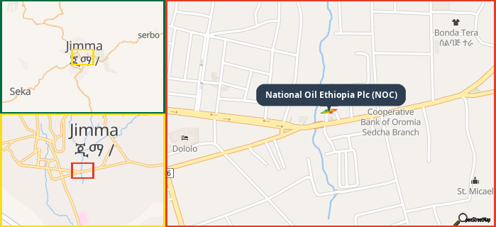 Map showing the address of National Oil Ethiopia Plc (NOC) in three different zoom levels.